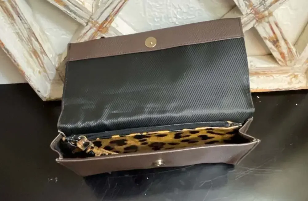 Tahari Brown Pebbled Leather RFID Wallet Clutch with Removable Leopard Pouch